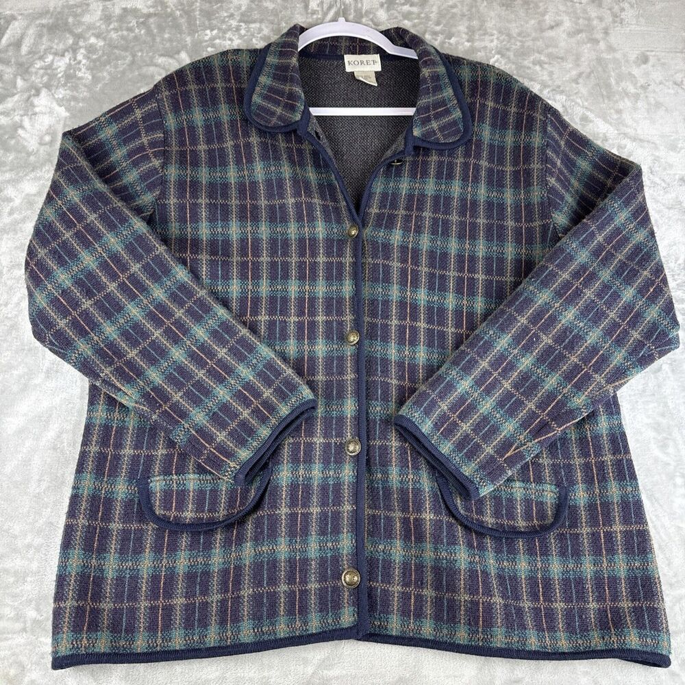 Koret Plaid Wool Jacket Womens Large Blue Green Academia Preppy Classic‎ (0998)